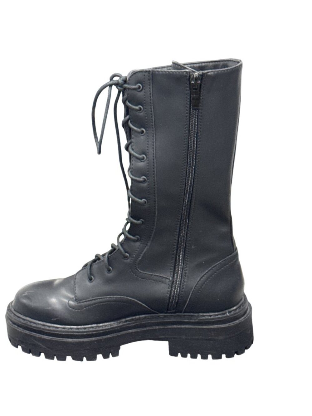 NASTY GAL Black Leather Combat Boots Mid Calf Lace Up Zip Side Chunky Platform 3 - Picture 4 of 8